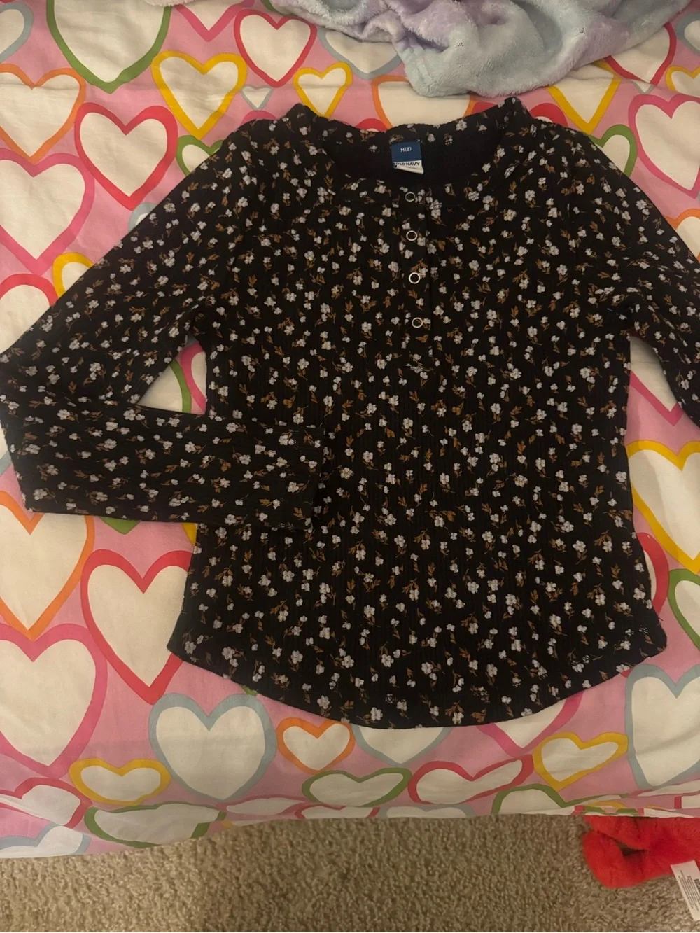Old Navy Black Floral Smocked Long-Sleeve Top